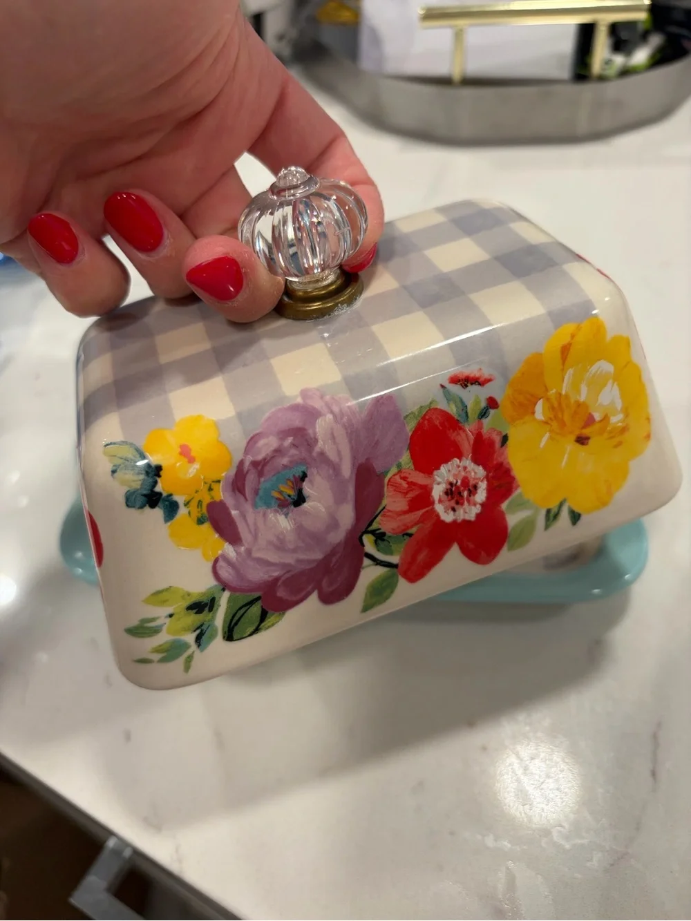 Floral Ceramic Butter Dish with Aqua Base and Glass Knob